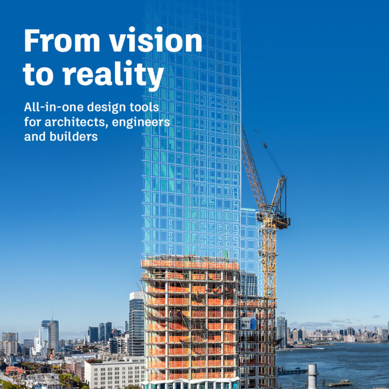 partially constructed multi-story building with exposed steel framework and concrete floors, accompanied by a yellow construction crane, set in a modern urban environment. The text reads 'From concept to creation – End-to-end design tools in the Architecture, Engineering & Construction Collection