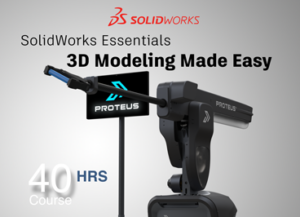 Promotional image for "SolidWorks Essentials: 3D Modeling Made Easy" by Omni Plan. The image features a gray-scale background with a bright white spotlight circle in the upper center containing the Omni Plan logo, a stylized blue circle with a smaller white circle inside. Below the logo are the words "Omni Plan Render your Success" in a combination of sentence and title case. To the left of the spotlight is the SolidWorks logo in red and white, and below it the text "SolidWorks Essentials" in a light gray sans-serif font and "3D Modeling Made Easy" in a bolder, larger sans-serif font. In the lower right corner is a dark gray element with a stylized "PROTEUS" logo in a futuristic font with a right-facing arrow incorporated. A small progress bar is shown below the logo. In the lower left corner, in a slightly darker gray box, is "40 HRS" in a large bold font, with "Course" in a smaller font below. A faint suggestion of a robotic arm-like structure can be seen extending horizontally from the left edge toward the center, partially obscured by the lower left elements. The overall design is clean and modern, emphasizing the course details and branding.