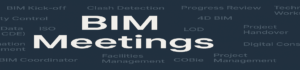 Dark navy blue banner featuring the bold white text 'BIM Meetings' at the center, surrounded by lighter gray BIM-related terms such as 'BIM Kick-off', 'Clash Detection', 'Progress Review', and 'Project Handover' in a structured, professional layout."